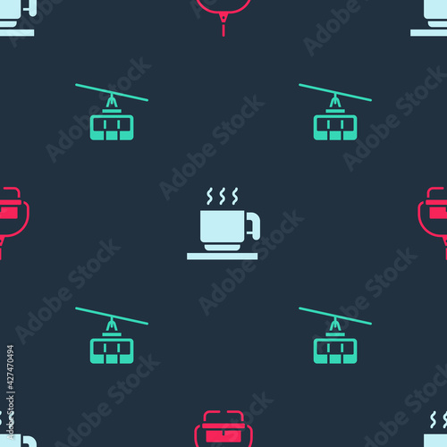 Set Ski lift, Hot chocolate cup and Cable car on seamless pattern. Vector