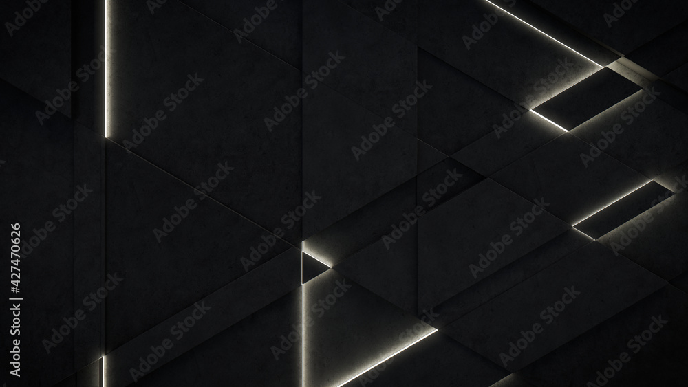 Dark, Concrete wall background, with integrated White light strips. Geometric Tech Wallpaper with Illuminated, Futuristic, 3D Blocks. 3D render Dark, Concrete wall background, with integrated White light strips. Geometric Tech Wallpaper with Illuminated, Futuristic, 3D Blocks. 3D render