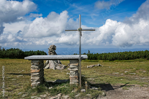 field altar, cross and stones pyramid on the summit of Pilsko, Beskid Zywiecki, Poland