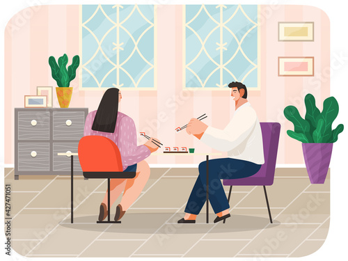 Young couple eating sushi in restaurant together. Male and female characters with japanese food
