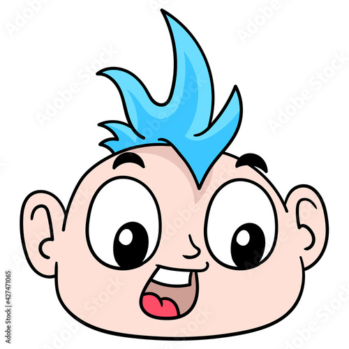 a punk style blue haired cool boy head. doodle icon drawing