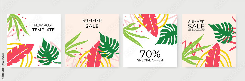Vector set of social media stories design templates, backgrounds with copy space for text - summer floral landscape