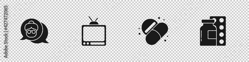 Set Grandmother, Retro tv, Medicine pill or tablet and Pills blister pack icon. Vector