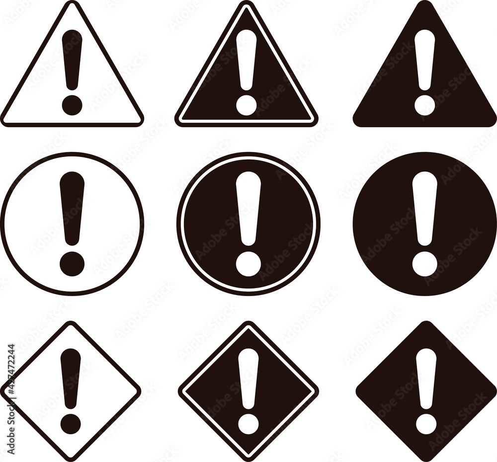 三角 丸 四角の白黒の警告マークのアイコンセット ベクターイラスト Stock Vektorgrafik Adobe Stock 三角 丸 四角の白黒の警告マークのアイコンセット ベクターイラスト Stock Vektorgrafik Adobe Stock