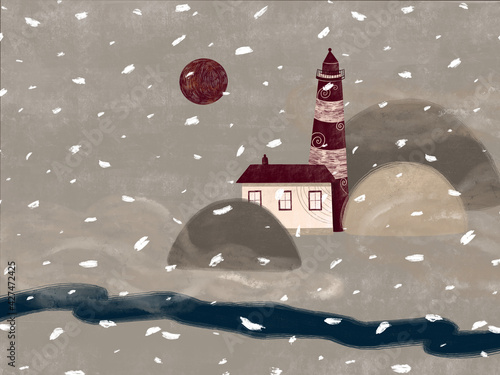 Postcard with a lighthouse. Landscape with a lighthouse, river, mountains and snow. Abstract landscape 