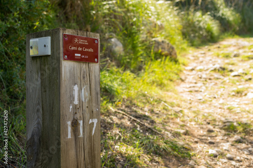 Sign on a wooden post that indicates the Camí de Cavalls path on the island of Menorca.