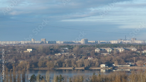 Fotografie view of Zaporizhzhia city and the island of Khortytsia behind the Dnieper river