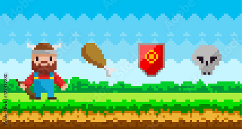 Pixel art game background with viking warrior and pixelated magic objects in nature landsape