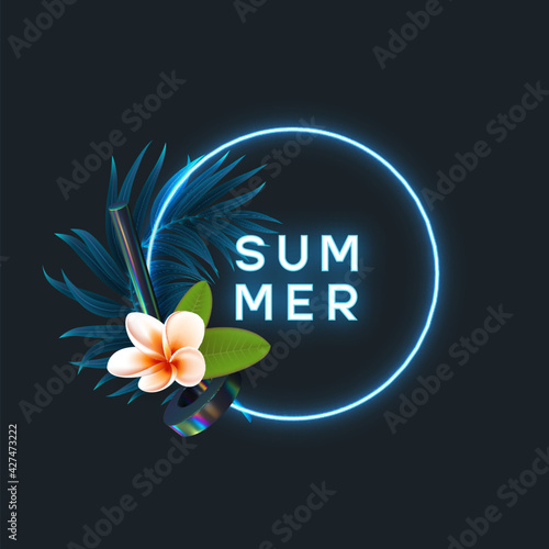 Neon round frame with palm leaf, plumeria and 3d geometric shapes. Exotic tropical abstract background. Summer jungle design. Vector illustration.