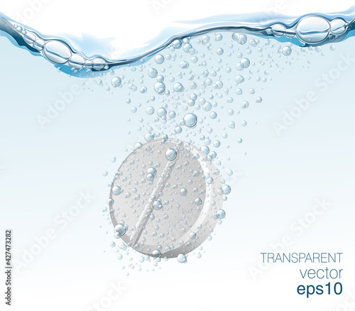 Vector white solvable tablet in the blue water.  Vitamin pill soluble in fizzy water with bubbles. Medical, pharmacy and healthcare background