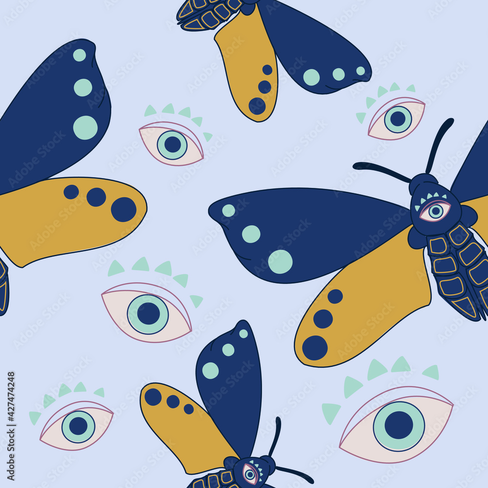 Obraz premium Seamless pattern with moths and eyes. Vector pattern, mystic night butterflies 