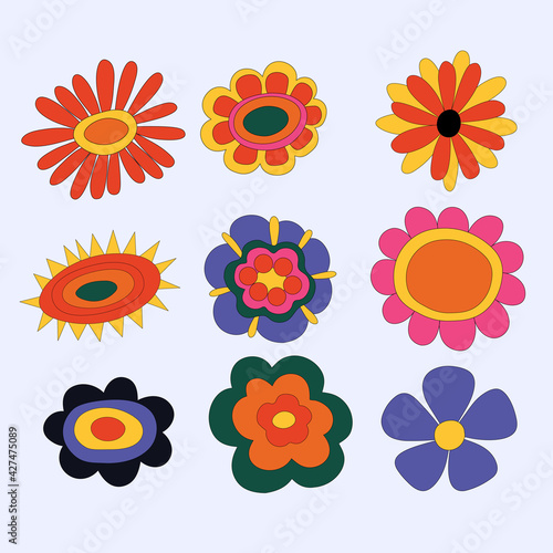collection of hippie flowers. vintage vector wildflowers.Funky and groove isolated plant elements.Plants of the 60s and 70s.Naive childish style by hand.Open-air flower festival.Forget-me-not, daisy.