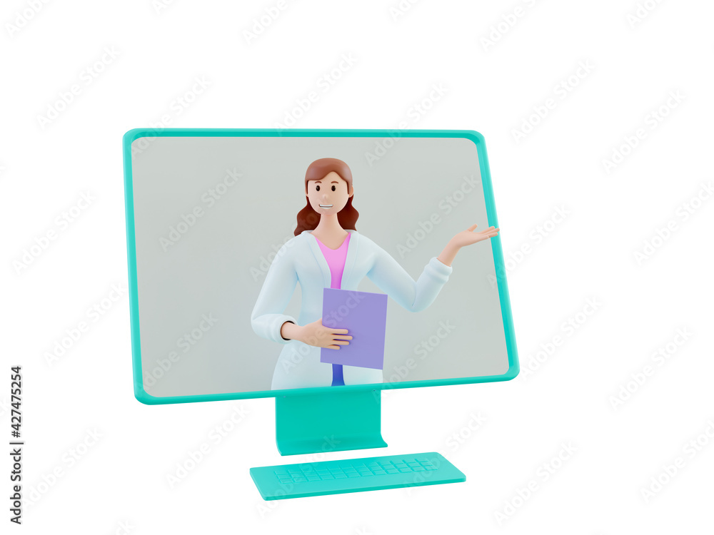 Online doctor concept 3d character woman on the monitor screen Concept medical consultation, support. Blank mockup with copy space. 3d render illustration
