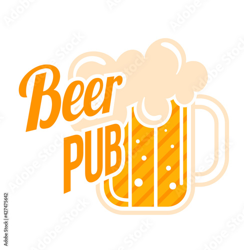 Beer pub emblem, bar alcohol drink, isolated on white, glass label, foam mug, design, in cartoon style vector illustration.