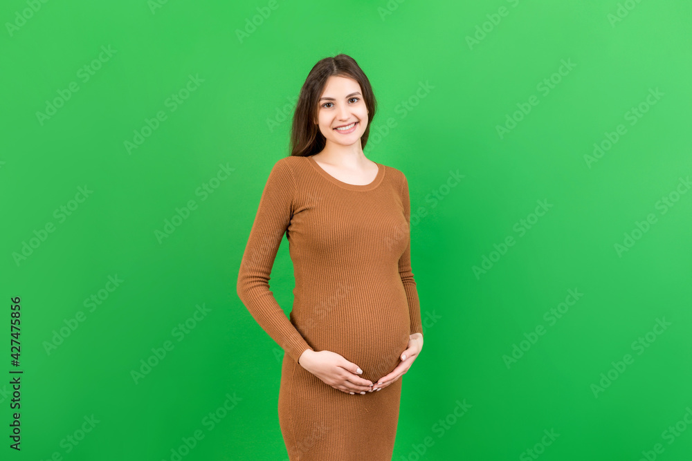 Happy pregnant woman touching her abdomen at Colored background. Future mother is wearing white underwear. Expecting of a baby. Copy space Happy pregnant woman touching her abdomen at Colored background. Future mother is wearing white underwear. Expecting of a baby. Copy space