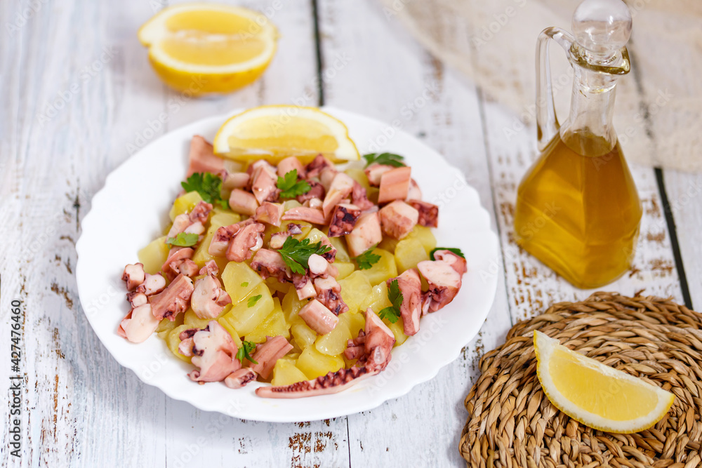 Octopus and potato salad, traditional mediterranean food Octopus and potato salad, traditional mediterranean food