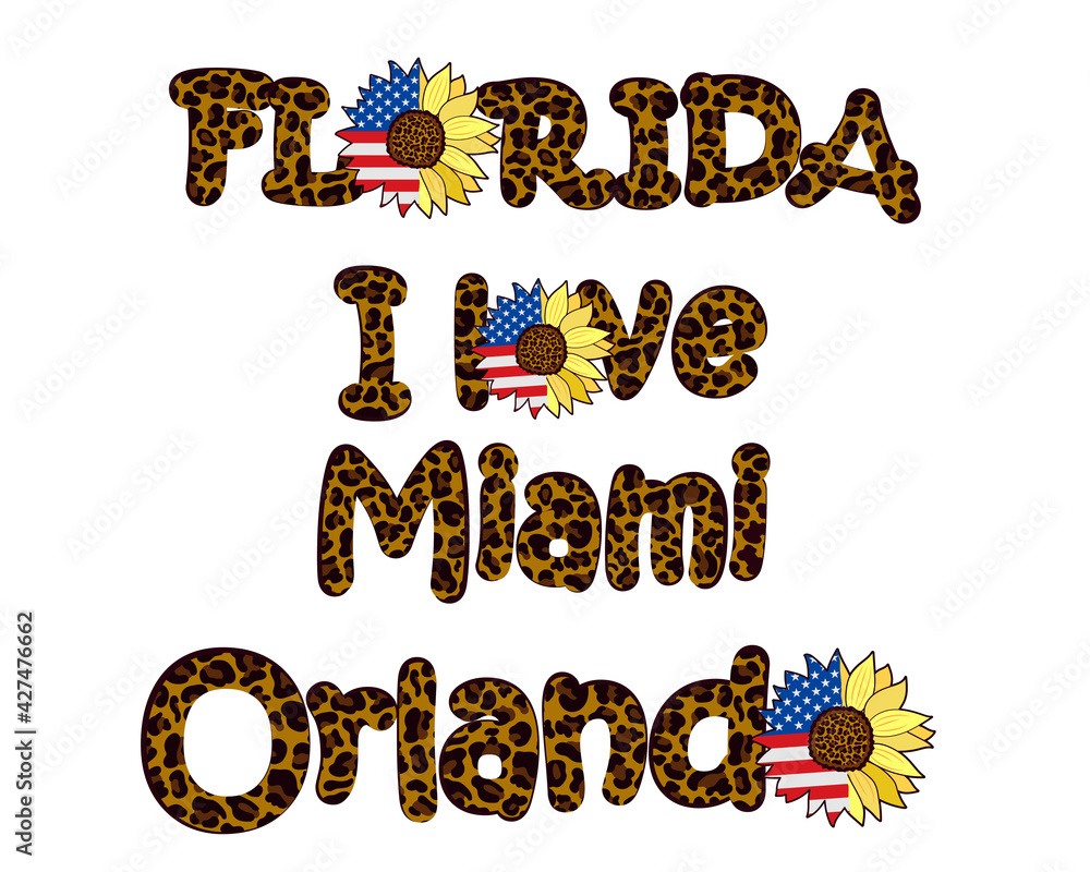 Naklejka premium Florida cities decorated with leopard print and decorated with a sunflower flower with the USA flag. Fashionable design.