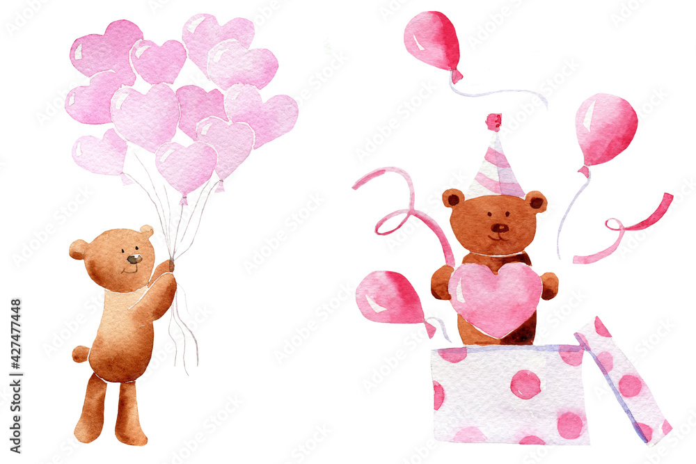 Watercolor illustration set of cute bears happy birthday with pink balloons Watercolor illustration set of cute bears happy birthday with pink balloons