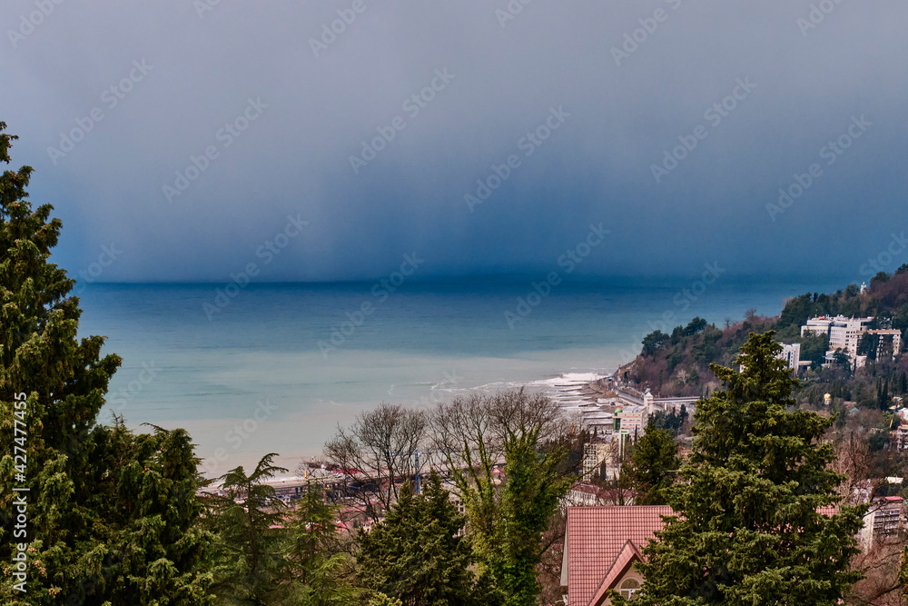 View of winter Khosta, microdistrict of city of Sochi, a resort on Black Sea coast of Caucasus .