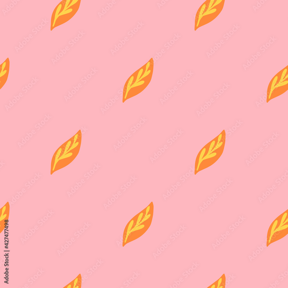 Fototapeta premium Minimalistic style seamless pattern with bright orange leaves ornament. Pastel pink background.