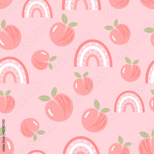 Seamless pattern with peach fruit and rainbow on pink background vector illustration.