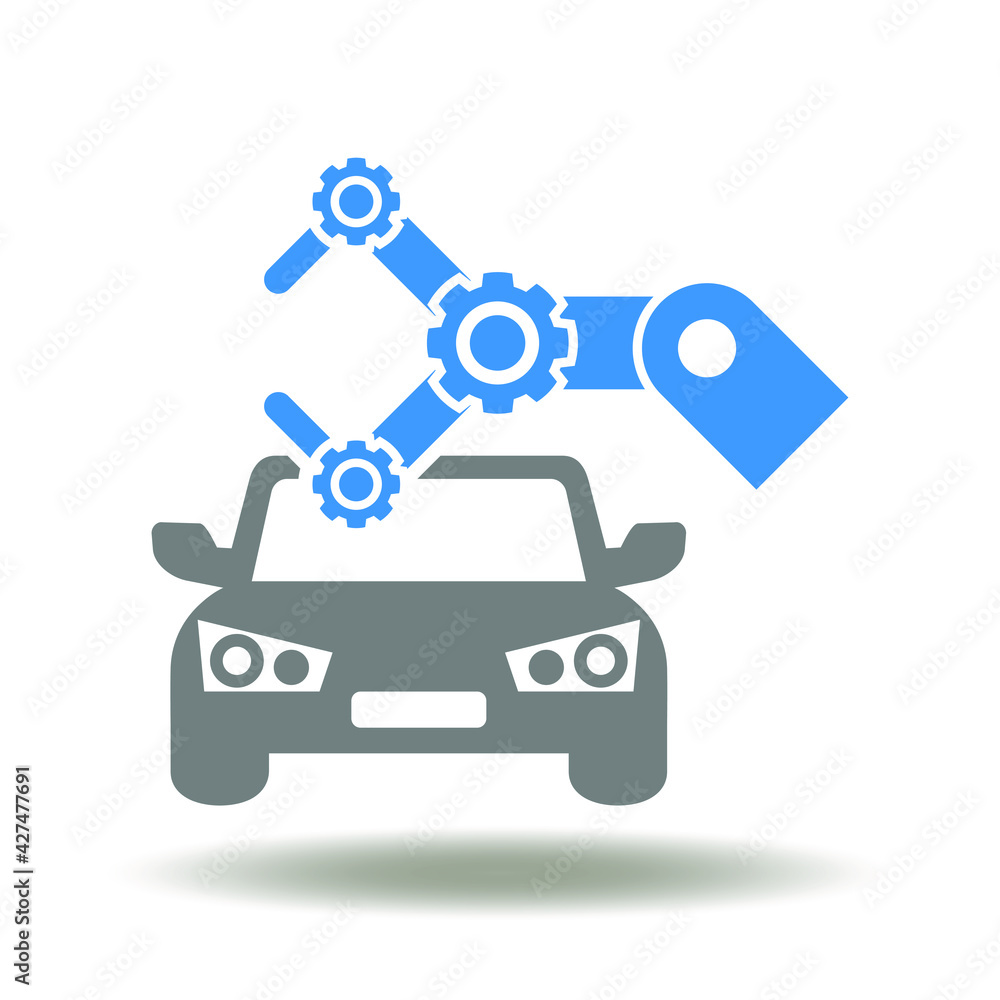 Car production vector illustration. Robot manipulator and car conveyor icon. Auto Automation Robotic AI Production Symbol.