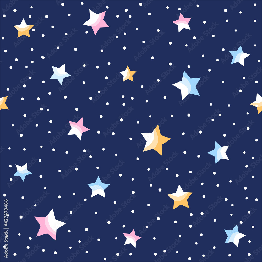 Seamless pattern of stars on blue background.