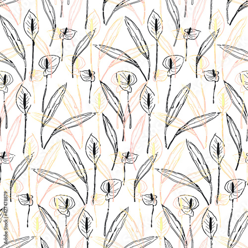 Tropical flower calla with leaves simple lines seamless pattern. Floral fabric print background.