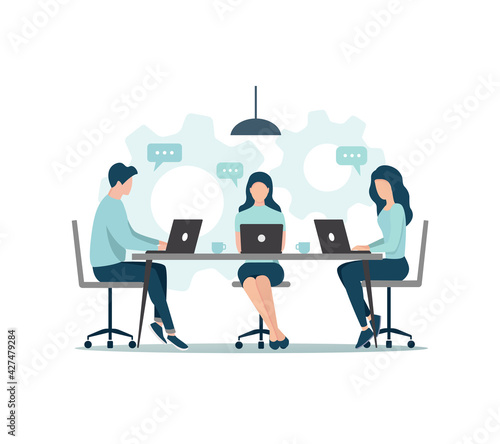 Office people teamwork. Communication and brainstorming. Colored flat vector illustration. Isolated on white background.