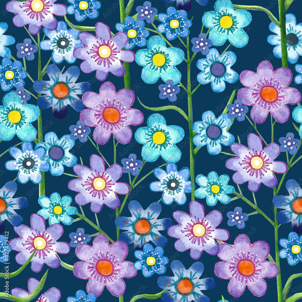 Watercolor floral seamless pattern on blue background