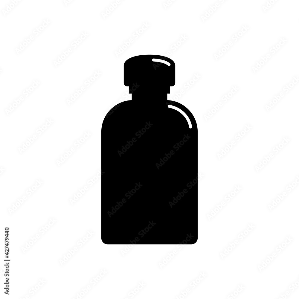 Cosmetic container in the form of plastic bottle. Oil, lotion, body care hygiene. Illustration design in the form of silhouette with thin white lines. Isolated icon in flat style on background Cosmetic container in the form of plastic bottle. Oil, lotion, body care hygiene. Illustration design in the form of silhouette with thin white lines. Isolated icon in flat style on background