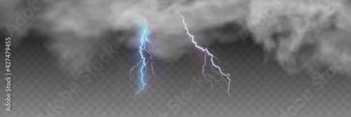 Vector realistic dark stormy sky with clouds, heavy rain and lightning strikes.