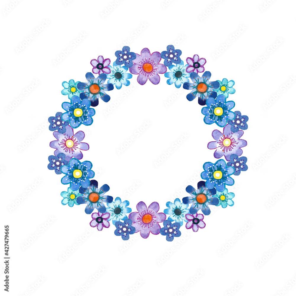 Wreath, round flower frame, watercolor on white background