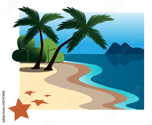 Tropical coast landscape flat vector illustration. Exotic paradise island coastline scene background