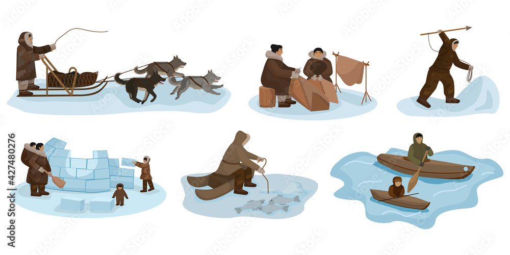 Set Eskimo isolated on white background. Different composition people, sledding, fishing, hunting, sewing, boating, igloo construction. - obrazy, fototapety, plakaty 