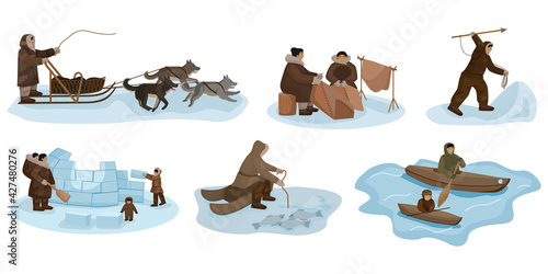 Set Eskimo isolated on white background. Different composition people, sledding, fishing, hunting, sewing, boating, igloo construction. photo