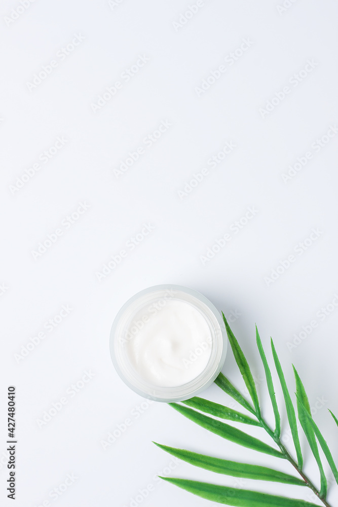 Jar of cosmetic cream with leaf palm branch on white background. Flat lay, copy space Jar of cosmetic cream with leaf palm branch on white background. Flat lay, copy space