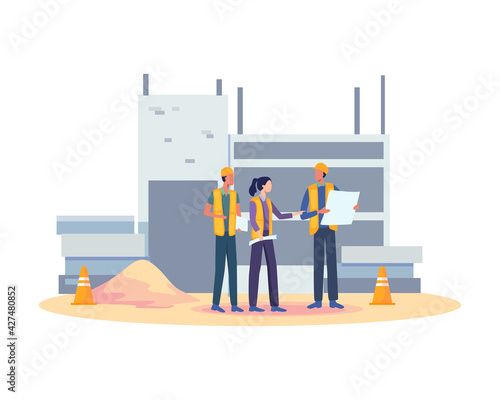 Building industry concept. Construction worker holding blueprint, Architects discuss a project. Construction of buildings according to drawings, Contractor and engineer character. Vector in flat style