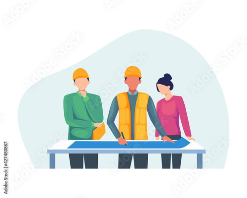 Building industry concept. Construction worker holding blueprint, Architects discuss a project. Construction of buildings according to drawings, Contractor and engineer character. Vector in flat style