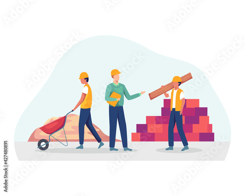 Building construction industry. Professional contractors and engineers working on architecture project. Worker carrying wooden plank, mortar, Foremen and construction worker concept. Vector flat style