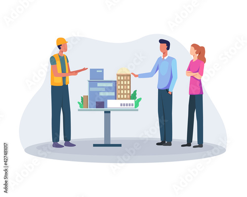 Architect and team discuss the project. Engineer team meeting with contractor for architectural project, Presenting house building city mock, Building industry concept. Vector in a flat style