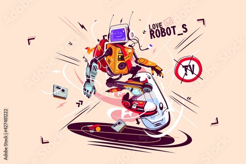 Funny computer robot on flying board