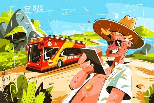 Cheerful tourists on bus