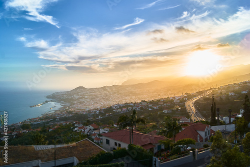 Madeira island travel destination, cityscape at sunset, Funchal bay, ilha da madeira
