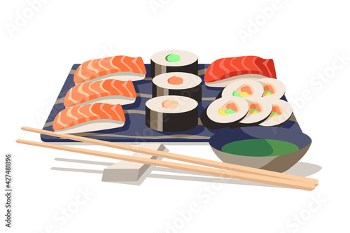 Asian food sushi on board with wooden chopsticks