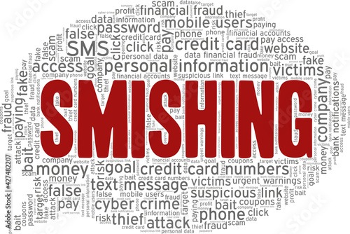 Smishing (SMS Phishing) vector illustration word cloud isolated on a white background.