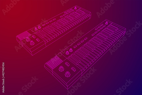 Piano roll analog synthesizer faders buttons knobs. Wireframe low poly mesh vector illustration.