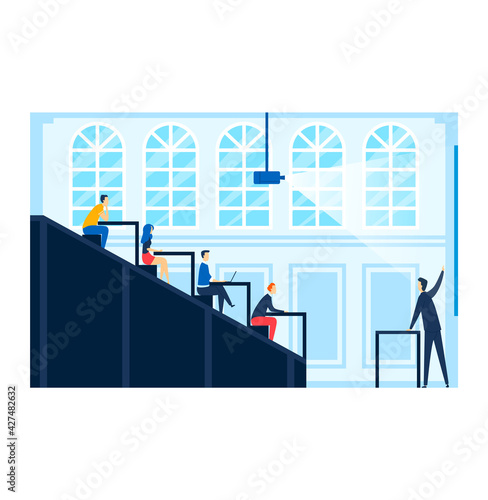 Teacher lecture institute, study study seminar, university academic, study gain knowledge, cartoon style vector illustration.