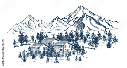 Mountain landscape, vector illustration, sketch style.	
