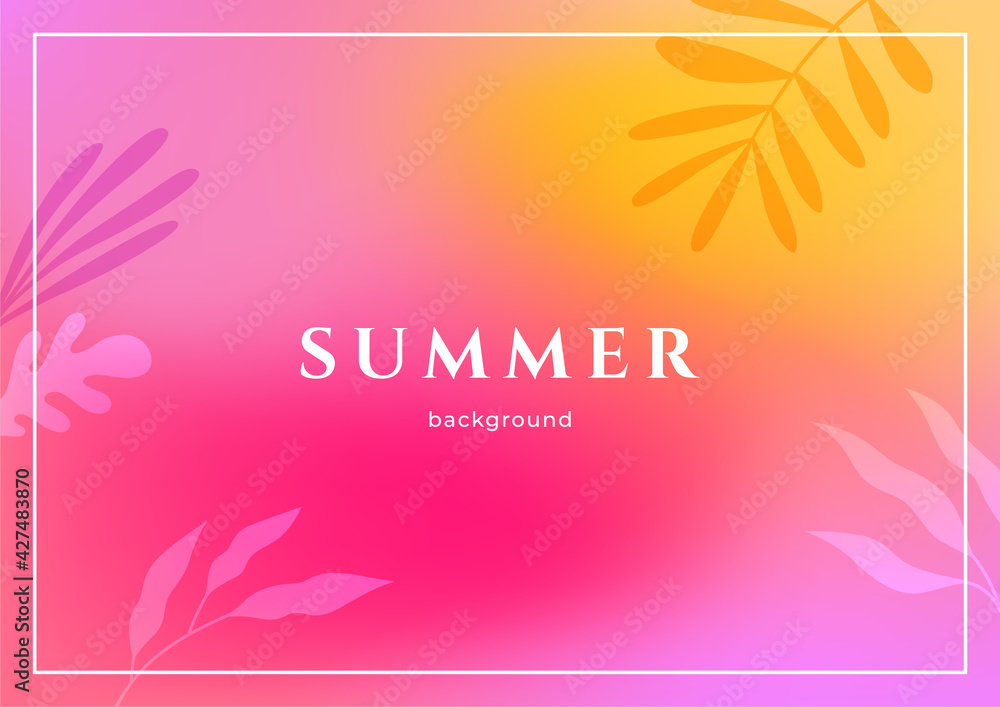 Abstract vector background in pink, yellow and orange colors. Bright summer gradient for your website, presentation cover or poster. Smooth blending of color spots. Floral elements.